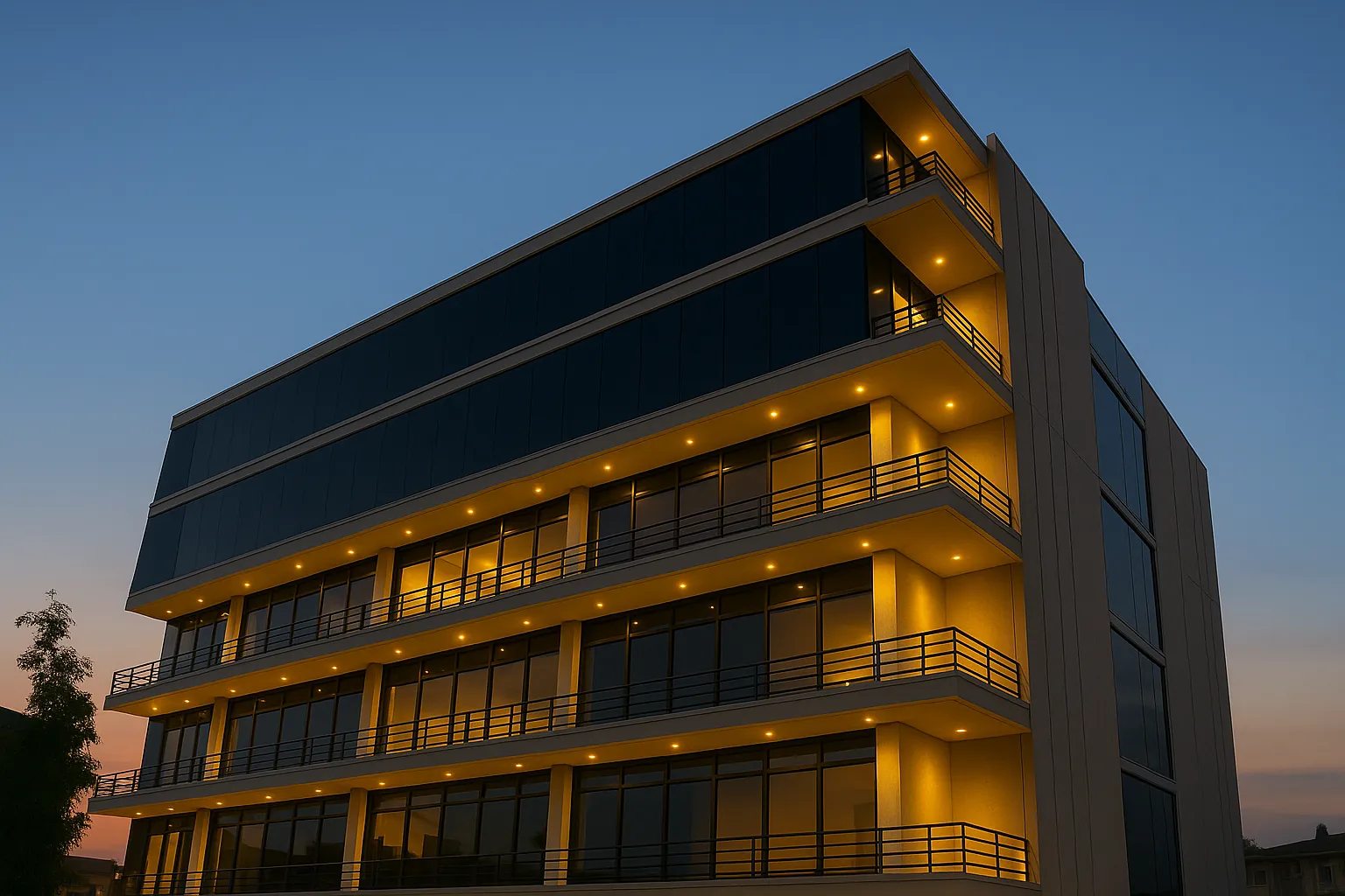 Office building facade lit at dusk